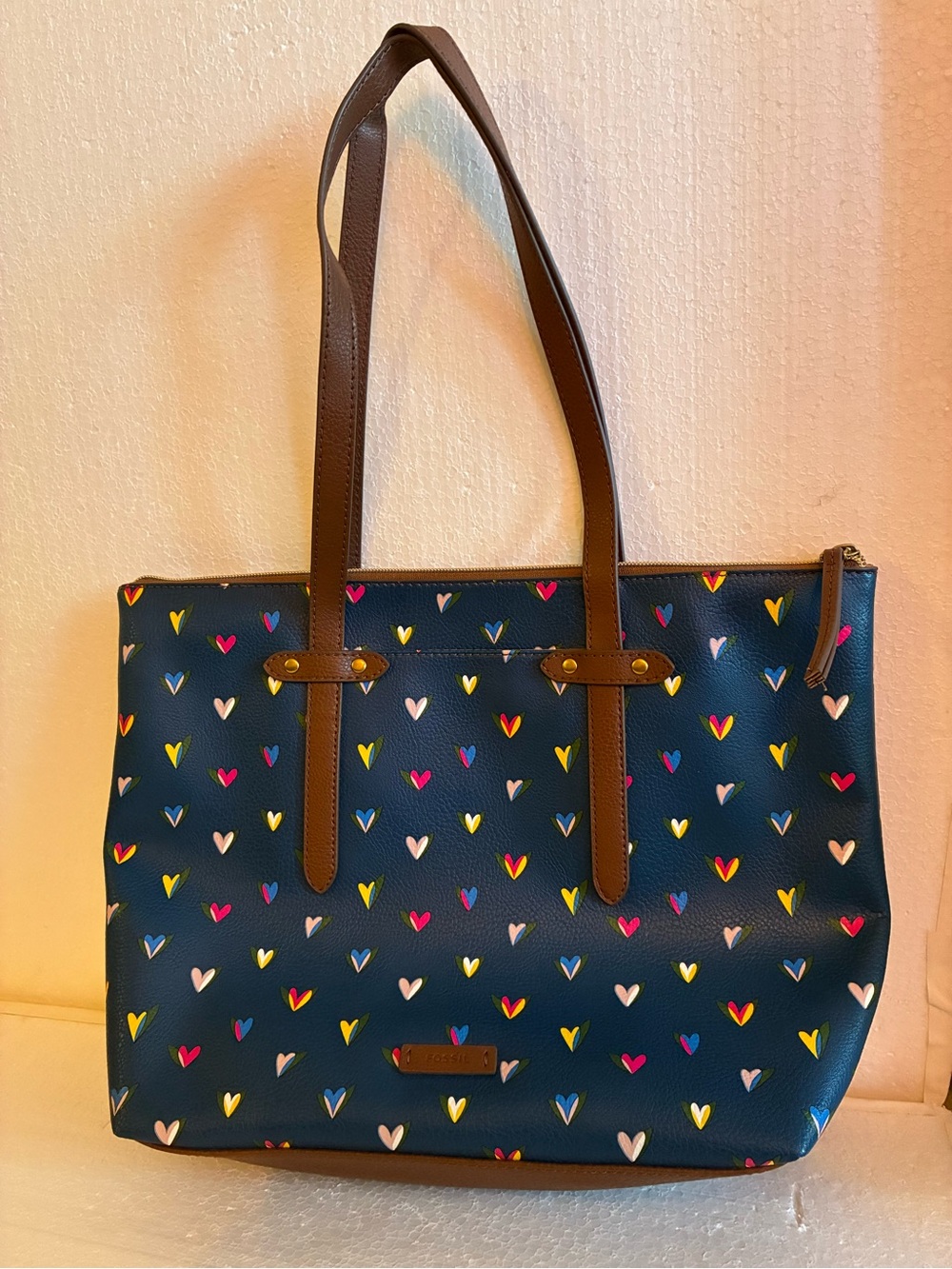 NWOT Fossil Rachel Tote Bag Navy Blue Hearts Print Zipper